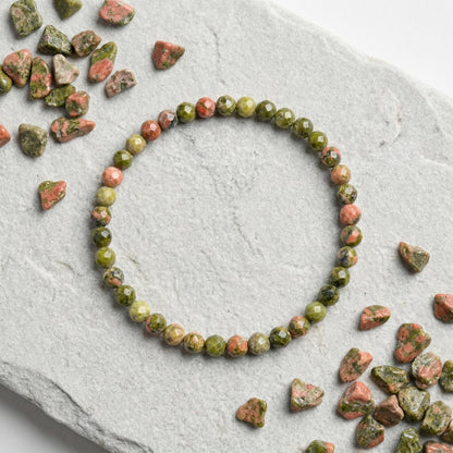 Angelstones Natural Unakite Gemstone Small Beaded Stretch Bracelet, 4mm Faceted Round Beads, Crystal Healing Bracelet for Women