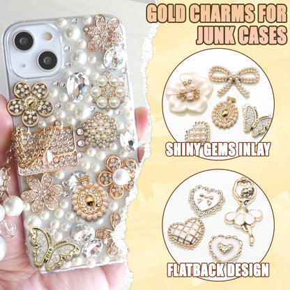 BELICEY Junk Case Charms Elegant Flower Butterfly Charm for Phone Case 3D Bow Heart Bear Junk Phone Case Kit Flatback Pearls Rhinestone for Customizing DIY Craft Accessories