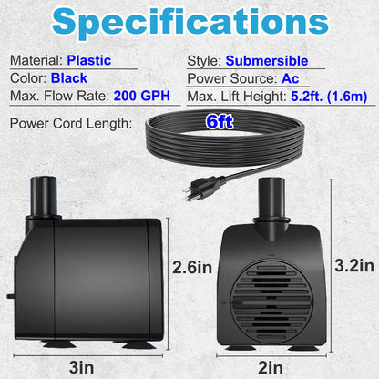Knifel Submersible Pump 200GPH Ultra Quiet with Over Heating Protection 5.2ft High Lift for Fountains, Hydroponics, Ponds, Aquariums & More…