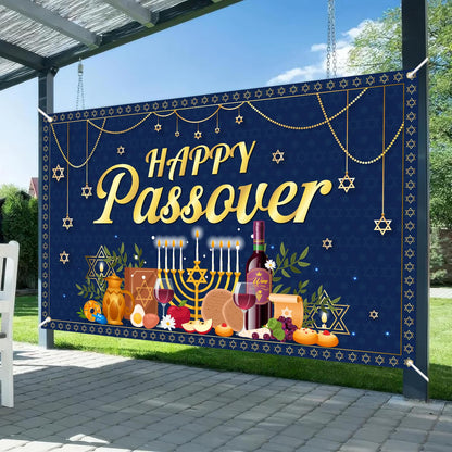 Happy Passover Banner Backdrop - 72'' x 43'' Passover Banner Decoration, Hanging Jewish Pesach Background Decor for Wedding Festive Welcome Banner Passover Party Supplies