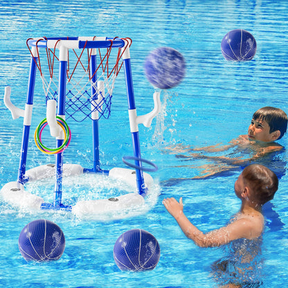 2-in-1 Pool Basketball Hoop & Ring Games with 4 Balls 12 Rings and Pump, Summer Water Outdoor Party Swimming Pool Toys Games for Kids Ages 4-8 8-12 Adult, Family Party Easter Birthday Games Toys