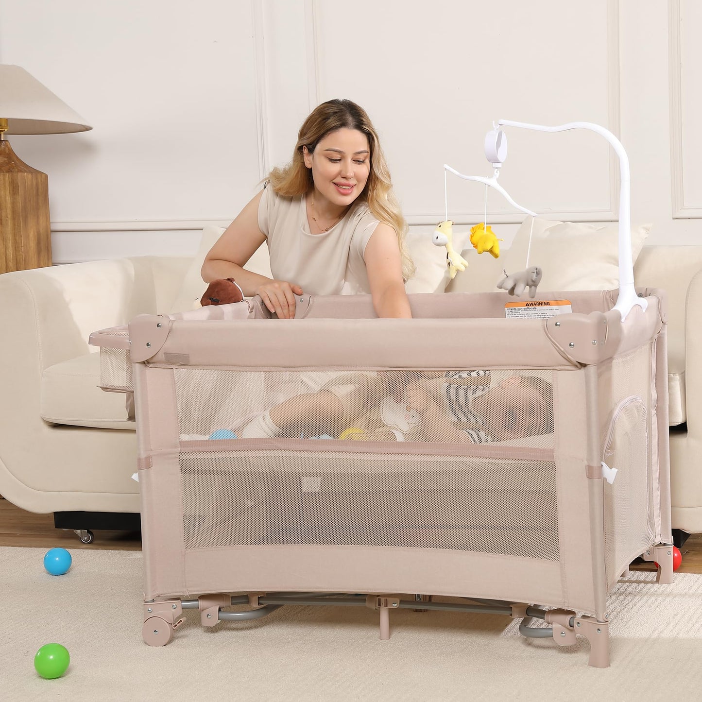 4 in 1 Pack and Play, Portable Travel Baby Bassinet, Foldable Travel Playard Playpen for Toddler, Bedside Crib Sleeper, Diaper Changer Table, Baby Playard for Newborn (Champagne)