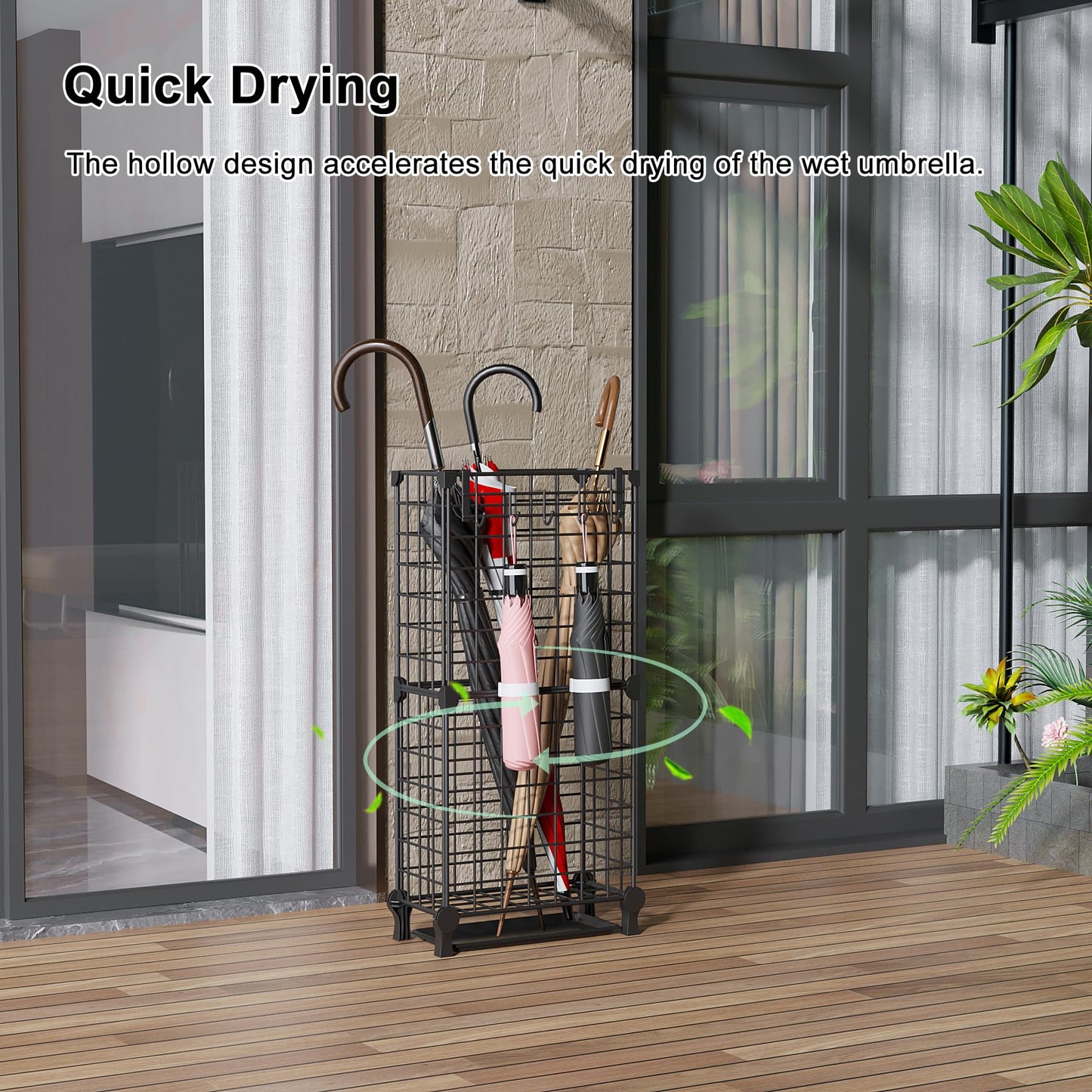 AWTATOS Umbrella Holder Entryway, Umbrella Stand Freestanding, Metal Square Umbrella Rack Organizer with a Removable Drip Tray, Hooks, Black