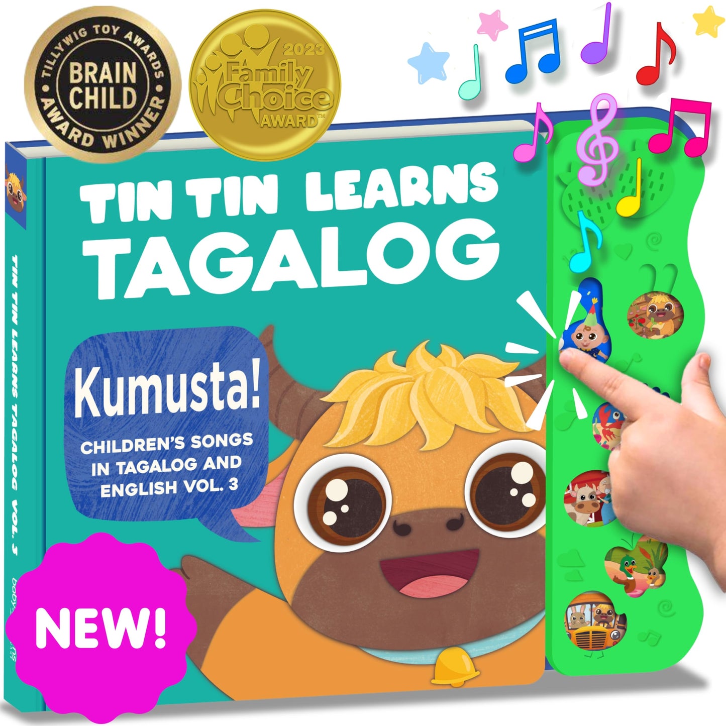 Tin Tin Learns Tagalog Vol. 3 — Interactive Sound Board Book for Toddlers 1-3, Bilingual English & Filipino Songs & Nursery Rhymes, Talking Musical Book, Musical Toy Gift for Babies & Kids