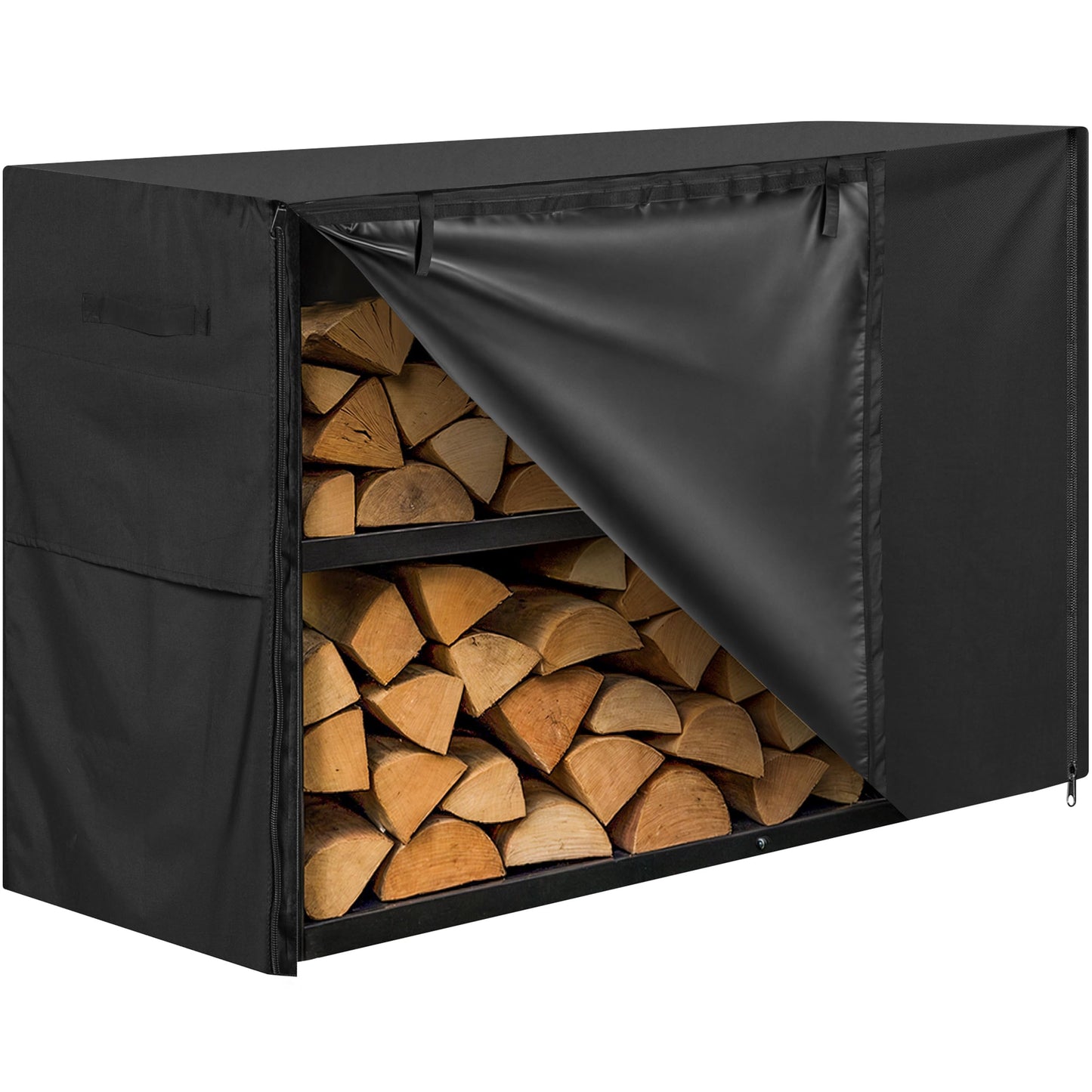 4ft Waterproof Firewood Rack Cover - Heavy Duty Black 600D Oxford Fabric - Indoor Or Outdoor Firewood Log Cover with Zipper & Adhesive Closing Strips - Rack NOT Included - Black