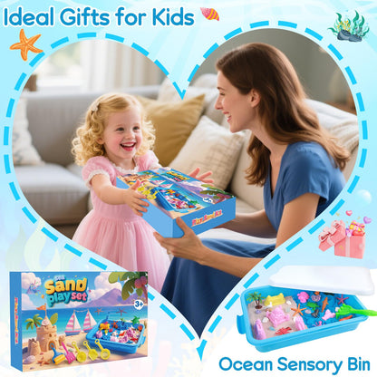 Mikiwon Ocean Sensory Bin, Sandbox Play Sand Art Kit with 3.3lbs Play Sand, Sea Animal Toys Molds, Sensory Play for Girls Boys Age 3 4 5 6 7 8, Beach Toys for Kids Xmas Birthday Gifts