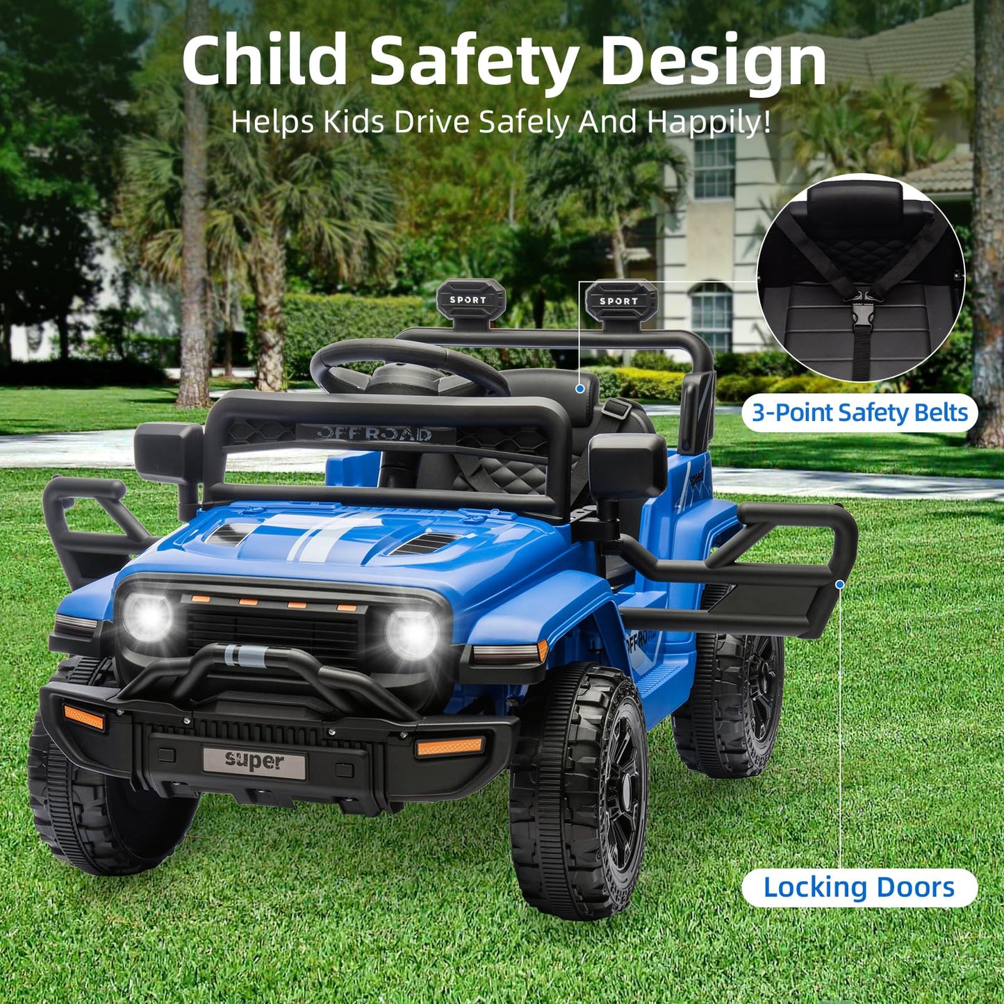 Ride On Truck Car, 12V Ride On Toy w/Parent Remote Control, Steering Wheel Music, 4-Wheel Spring Suspension, Led Lights, 2 Speeds, Kids Electric Vehicles for Age 3-5, Blue