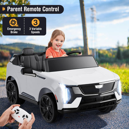 Costzon 2 Seater Ride on Truck, 24V Licensed Cadillac Kids Car Electric Vehicles w/Remote Control, 3 Speeds, LED Lights, Horn, Music, Story & 4-Wheel Spring Suspension, Ride on Car Toy for 3+ (White)