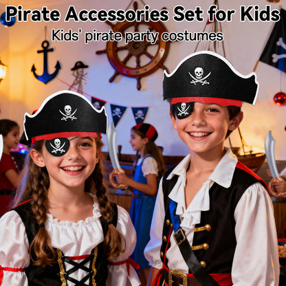 ZeeDix 18 Pcs Pirate Accessories for Kids, Include 6 Pirates Hats, 6 Eye Patches and 6 Swords, Pirate Party Decorations for Christmas, Halloween, Masquerade, Cosplay, Birthday