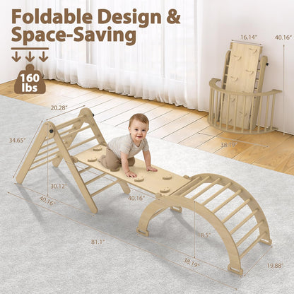 CMFYDAILY Large Pikler Triangle Set, 7-in-1 Toddler Climbing Toys Indoor, Wooden Montessori Climbing Set with Arch Ramp Ladder, Foldable Baby Jungle Gym Playground (Wood Natural)