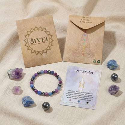 Bivei Quit Alcohol Bracelet, Strength Crystal Healing Bracelet 8MM with Lepidolite & Blue Aventurine & Hematite - Spiritual Stretch Beaded Jewelry for Women Men Gift