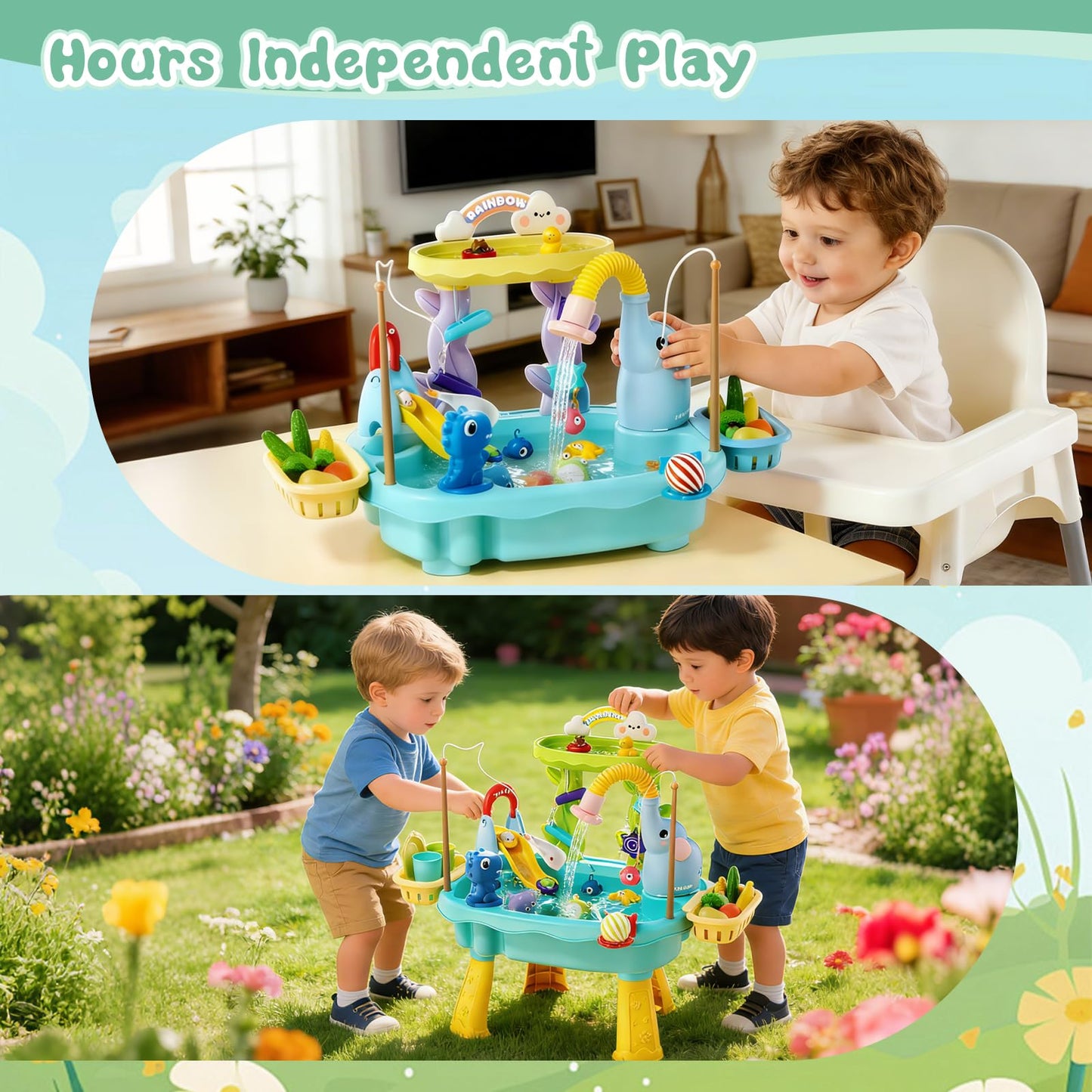 NOPROB 2027 Upgraded Toddlers 1-3 Sand Water Table Toy with Electric Pump, Kids Sand Water with Faucet/Play Food Accessories/Fishing Toy, Kitchen Play Sink Toys for Girl Boy Age 3+ (Blue)
