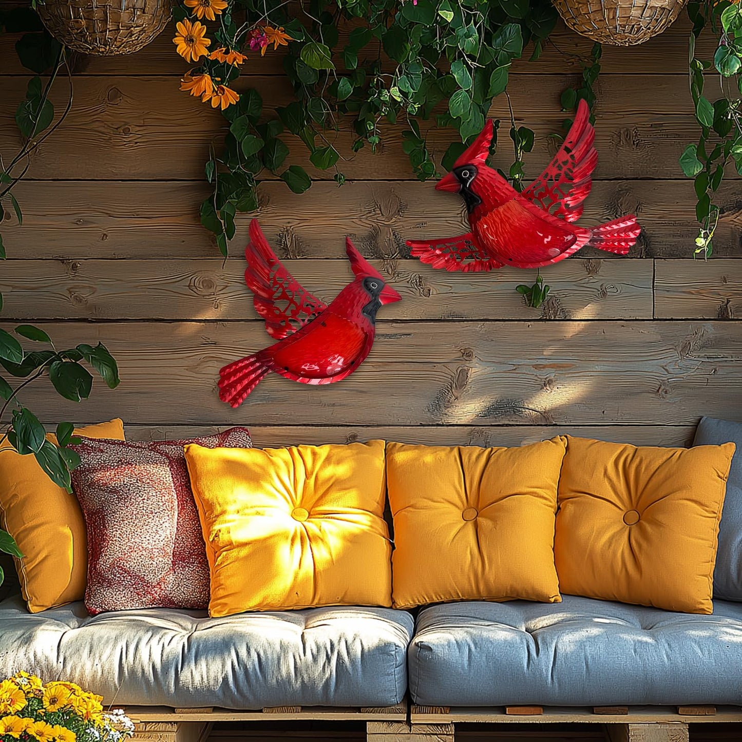 HONGLAND Metal Cardinal Wall Art 12inch Metal Birds Wall Sculpture Garden Decoration Outdoor Statue Patio Fence Hanging Plaques 2 Pack