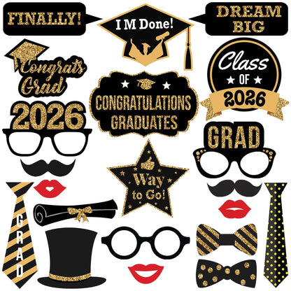 KatchOn, Graduation Photo Booth Props 2026 - Pack of 21 | 2026 Photo Props for Black and Gold 2026 Graduation Decorations, Graduation Party Decorations, Graduation Photo Booth Props, Grad Party Decor