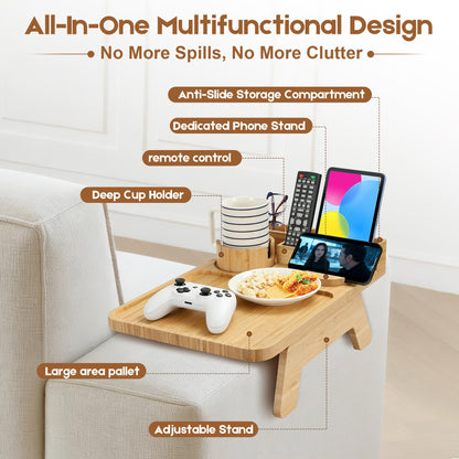 Premium Bamboo Sofa Arm Tray - Couch Armrest Table with Cup Holder, Phone Stand & Storage Compartment, Non-Slip Snack Tray for Living Room, Bedroom, Fits Most Sofa Armrests