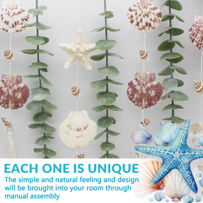 Artificial Eucalyptus Wall Decor with Seashell Coastal Decor Natural Home Decorations Hanging Wooden Bead Garland for Large Bedroom Bathroom Living Room, 32 x 32 Inch