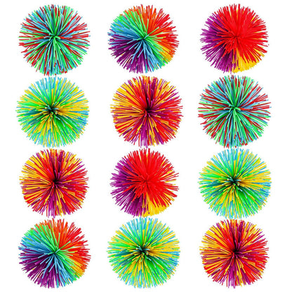 Leinuosen 12 Pieces Stringy Balls Sensory Stringy Ball End of Year Gifts Soft Rainbow Pom Bouncy Stress Bags Basket Stuffers Fillers Party Favors Birthday Gifts, Multicolor (2.75 Inch)