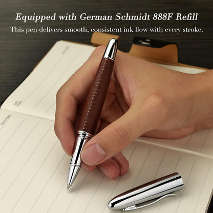 BEILUNER 318 Luxury Leather Pen, Hand-Stitched Premium Leather, Chrome-Plated Finish, Schmidt Ink Refill, Fancy Rollerball Pen Gift Set for Men & Women, Executive Writing, Nice Designer pen