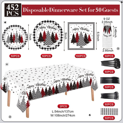 Funnymoom 452 Pcs Christmas Tree Party Supplies for 50, Black Buffalo Plaid Gingham Christmas Paper Plates Napkins Cups Tablecloth Cutlery Straws Tableware Set for Xmas Holiday Party Decorations