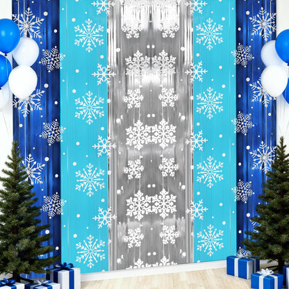 HOWAF 2 Pack Snowflake Foil Fringe Curtain, Winter Frozen Decoration, Blue Silver Winter Christmas Tinsel Foil Fringe Photo Booth Backdrop, Wonderland Tinsel for Birthday Party 3.2 * 6.5ft