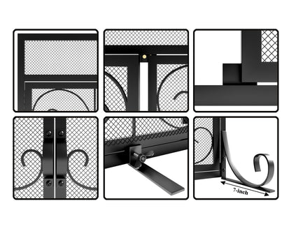Calidola Large Flat Fireplace Screen with Doors, Wrought Iron Frame with Metal Mesh, Flat Panel Decorative Fireplace Screen with Scroll Design, Free Standing Spark Guard,Black