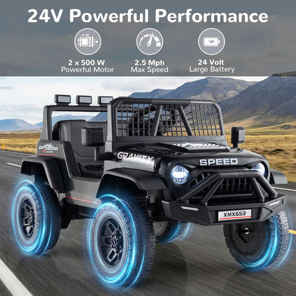 OLAKIDS 24V Ride on Car with Remote Control, Bluetooth, LED Lights, Horn, Spring Suspension, High/Low Speeds, Soft Start for Kids Aged 3+ (Black)