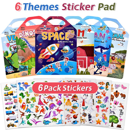 Cosomia 6 Set (260pcs) Puffy Sticker Books Activity for Kids, Animal, Farm, Dinosaurs, Space, Vehicle, Ocean, 3D Reusable Stickers for Boys and Girls, Travel Sticker Books for Kids Ages 3+