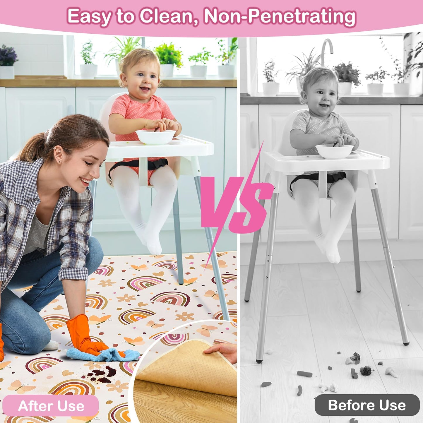 Basumee Splat Mat High Chair Mat Waterproof Baby Play Splat Mat for Under High Chair Food Catcher Highchair Mat for Floor Non Slip Bottom, Brown Rainbow, 46x42 Inches