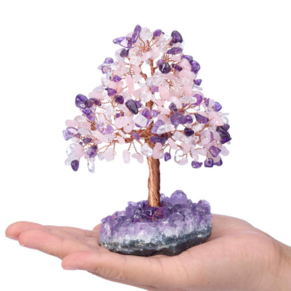Jovivi Natural Amethyst + Clear Quartz + Rose Quartz Healing Crystal Money Tree on Amethyst Cluster Geode Druzy Base Feng Shui Crystals for Home Office Desk Decorations, Wealth, Good Luck