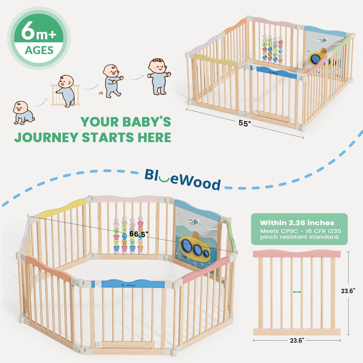 Foldable Wooden Playpen - Adjustable Wood Baby Play Yard with Child-Proof Lock, Indoor Large Safety Fence for Babies and Toddlers - Easy Assembly, 55 x 55 x 24 inches, Ocean Adventure, Colorful