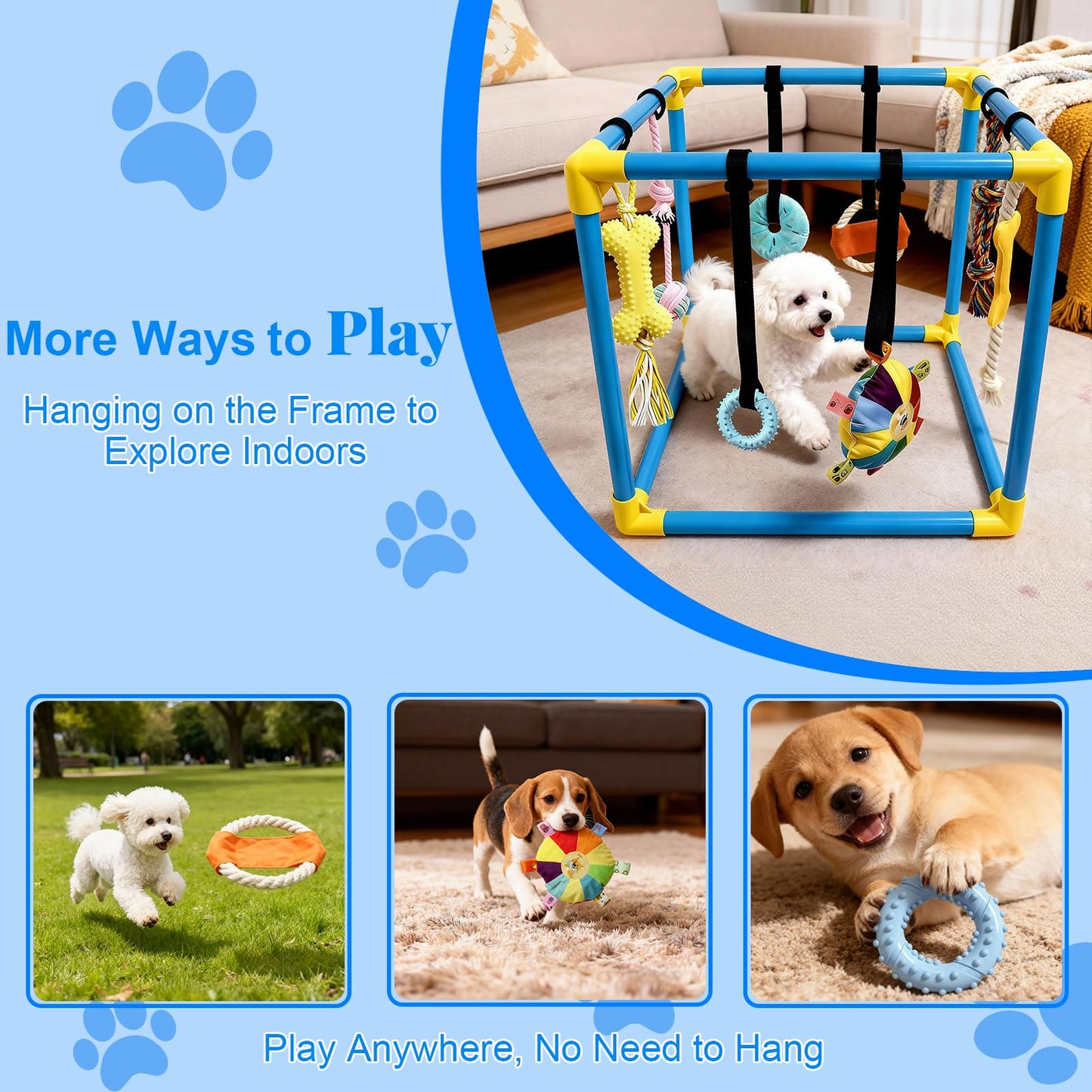 LemSen Puppy Play Gym with 8 Hanging Toys - Indoor Jungle Gym for Small Dogs, Interactive Enrichment Activity Center for Puppies, 19.5" PVC Frame with Teething Squeaky Toys to Keep Them Busy