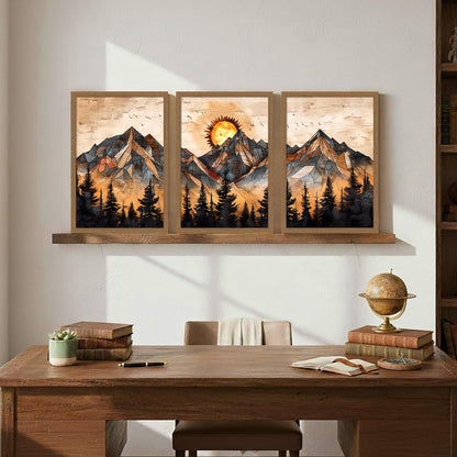 soonkiss Warm Tone Geometric Mountain Wall Art Set of 3, Abstract Sunset Forest Canvas Prints, Boho Nature Wall Decor for Living Room Bedroom Office 12x16 Inch