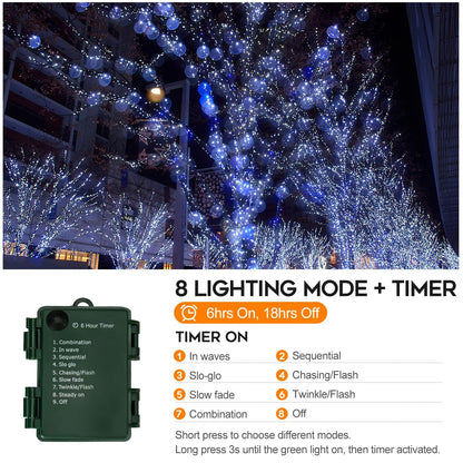 Battery Operated Christmas Lights Outdoor, 33 FT 100 LED Mini String Lights with Timer and 8 Modes, Green Wire Xmas Waterproof String Lights for Tree Xmas Indoor Holiday Party Garden Decor, Cool White