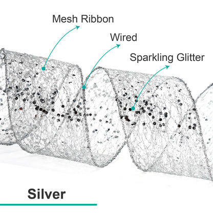 CT CRAFT LLC Sparkling Glitter Mesh Wired Ribbon 4" x 10 Yards Silver for Christmas Home Decor Bow Gift Wrapping DIY Crafts Wreath