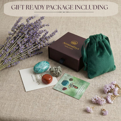 Atminafays Abundance Healing Crystal Set for Success & Good Luck -Large Amazonite,Raw Pyrite, Red Jasper for Yuga & Meditation, Travel Protection, Gift Set with Guidebook & Velvet Pouch