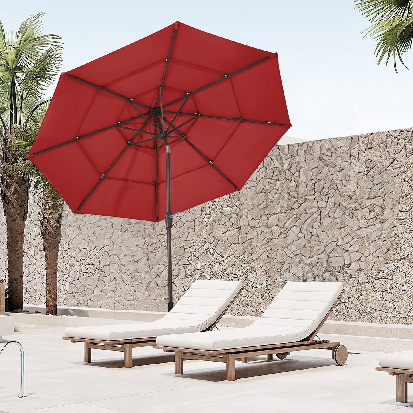 JEAREY 9FT 3 Tier Patio Umbrella Outdoor Market Umbrella Table Umbrellas with 8 Ribs 1.5 Pole Push Button Tilt and Crank UV Protection for Garden,Red
