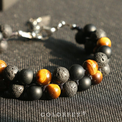 Triple Protection Bracelet for Men Women, COLORFEY Authentic Mens Bracelet Genuine Tiger Eye Black Onyx Lava Rock Crystal Bracelets, 8”Adjustable Beaded Bracelet for Men Grounding and Confidence