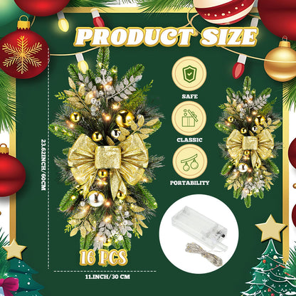 Lyrow 16 Pack Christmas Artificial Swags 24 Xmas The Cordless Prelit Stairway Swag Teardrop Trim Wreath Door Stair Garland Christmas Decoration for Outdoor Home Garden Decor (Rustic Style,Gold)