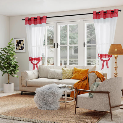 L.Z.E Red and White Sheer Curtains 84 Inches Long 2 Panels Set, Transparent Voile Window Drapes for Living Room & Dining Room with Classic Design, Elegant Grommet Curtain with Tieback