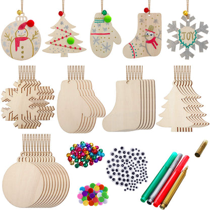 Boao 254 Pcs Christmas Wooden Ornaments 50 Pcs Unfinished DIY Crafts Slices Wood Christmas Tree Hanging Decoration with Bells Pom Poms Wiggle Eyes Marking Pens for DIY Xmas Decor