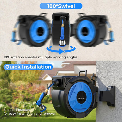 Homdox Retractable Garden Hose Reel 100 ft x 1/2 inch, Automatic Garden Hose Reels with 10 Pattern Nozzle, Wall Mounted Hose Reel, Auto Rewind, 180°Swivel, Any Length Lock Water Hose Reel for Outside