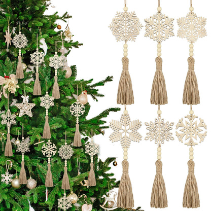 Barydat 18 Pcs Boho Christmas Snowflakes Ornaments Beads with Rope Wooden Tree Hanging Decorations Christmas Tree Hanging Ornament Wood Hanging Cutout for DIY Rustic Decor Crafts, 6 Style