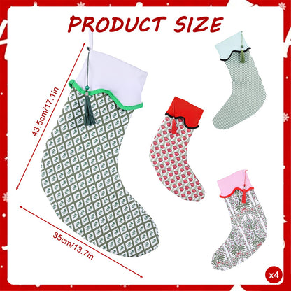 4 Pack Christmas Stockings Green Red Block Print Holiday Scalloped Stockings 22" Canvas Floral Nature Xmas Socks with Tassel Rustic Christmas Hanging Decorations for Stairs Fireplace Xmas Home Decor