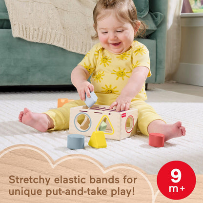 Fisher-Price Wood Baby Toy Flexi Shape Sorter, 7-Piece Wooden Activity with Elastic Bands for Infants & Toddlers Ages 9+ Months