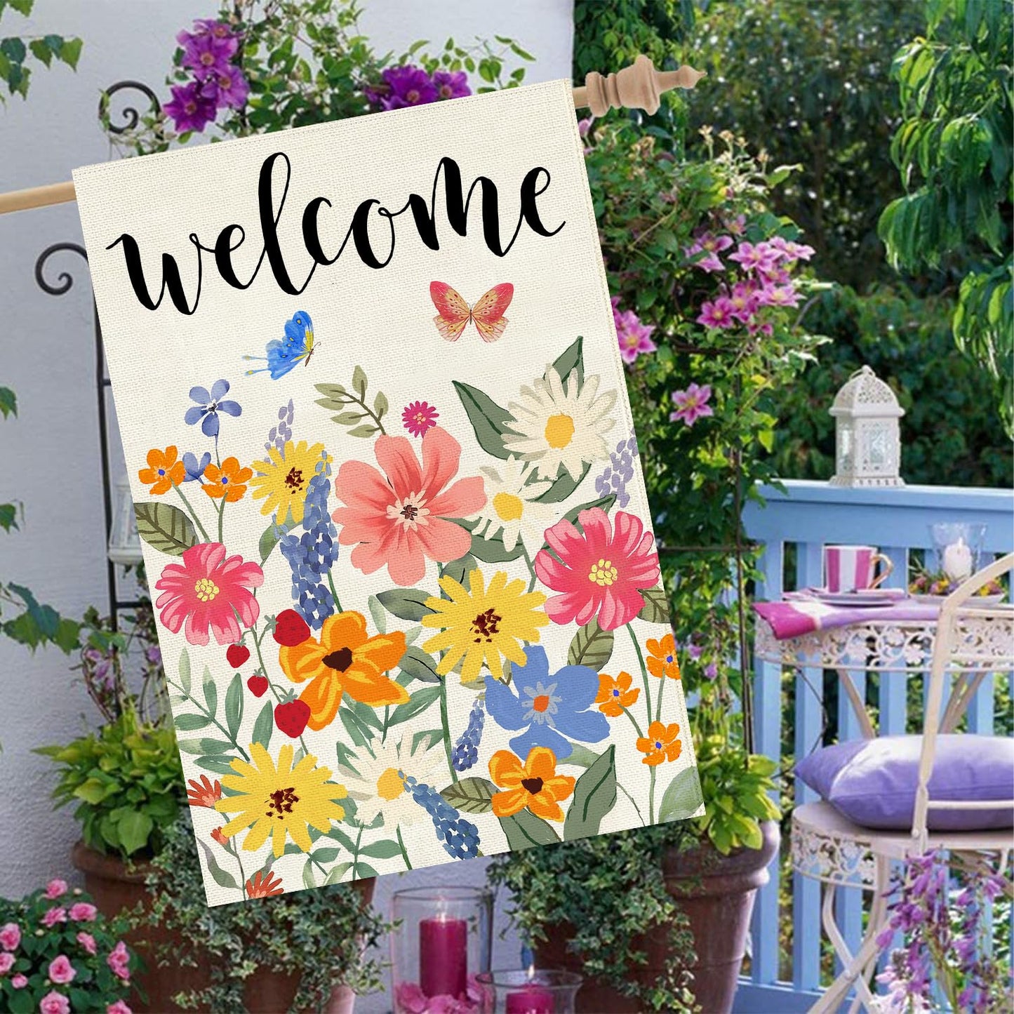 Baccessor Spring Summer Welcome House Flag Double Sided 28x40 Inch Burlap,Floral Butterflies Large Garden Flag Porch Patio Front Entry Yard Seasonal Farmhouse Outside Outdoor Decor