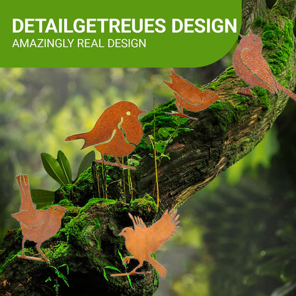 Rusty Birds Decoration Rustic Metal Yard Decor - 5 Pcs Sculpture for Wall & Garden Stakes
