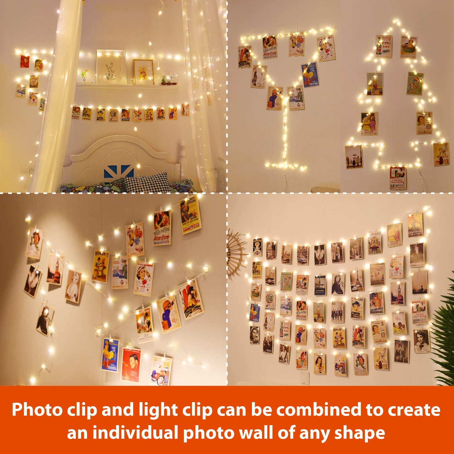 HXWEIYE 120LED Warm White 40Ft Fairy String Light with 52 Clear Clips & 12 Hooks, USB Powered, Waterproof, 8 Modes & Timer, Perfect for Indoor/Outdoor, Bedroom, Party, Wedding Decor