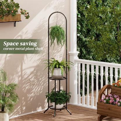 PULIJIAJU 2-tier Hanging Plant Stand Indoor and Outdoor, Space-Saving Iron Plant Shelf, 3 Potted Flower Pot Stand ,Planter Holder for Bedroom Balcony Living Room Patio Garden( n-style)