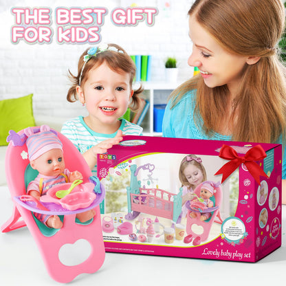 deAO 12” Baby Doll Play Set with Crib, Mobile, High Chair Feeding Accessories, Interactive Dolls for Girls Kids Pretend Play Baby Dolls 21 PCS