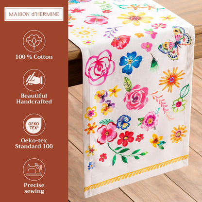 Maison d' Hermine Table Runner 100% Cotton Single Layer Table Runners 108 inches Long Decorative for Home Kitchen Dining Party Gifts for Mothers Day Spring Summer (Happy Florals - Sweety)